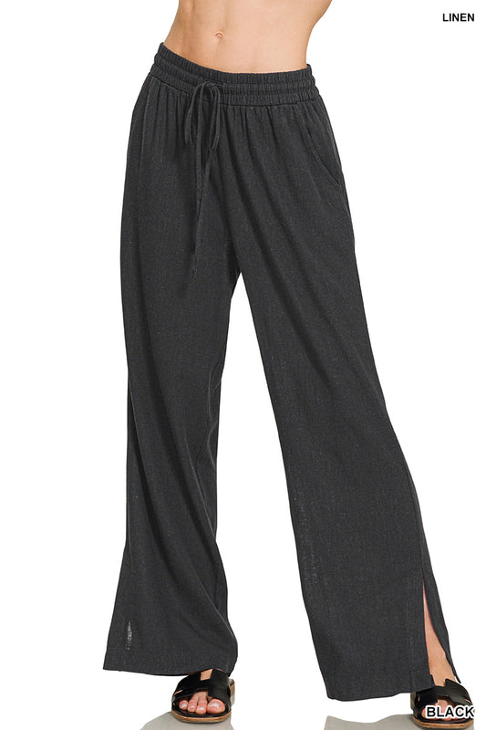 Zenana Linen Blend Side Split Pants