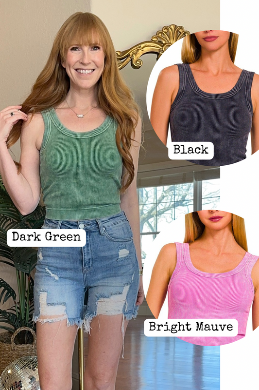 Stone Washed Ribbed Padded Crop Tank
