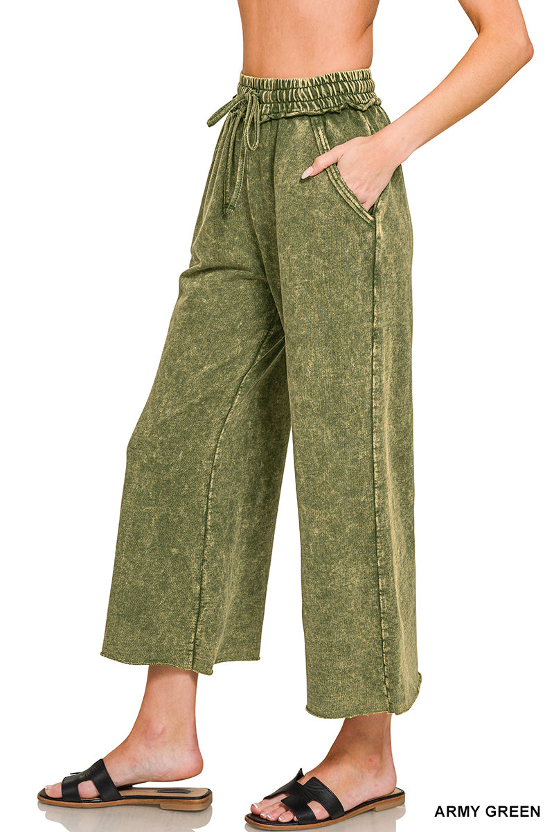 Zenana Acid Wash French Terry Cropped Wide Leg Pants