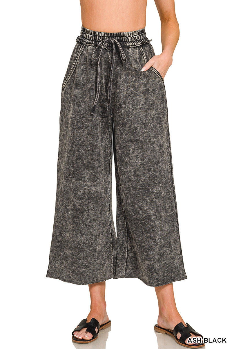 Zenana Acid Wash French Terry Cropped Wide Leg Pants