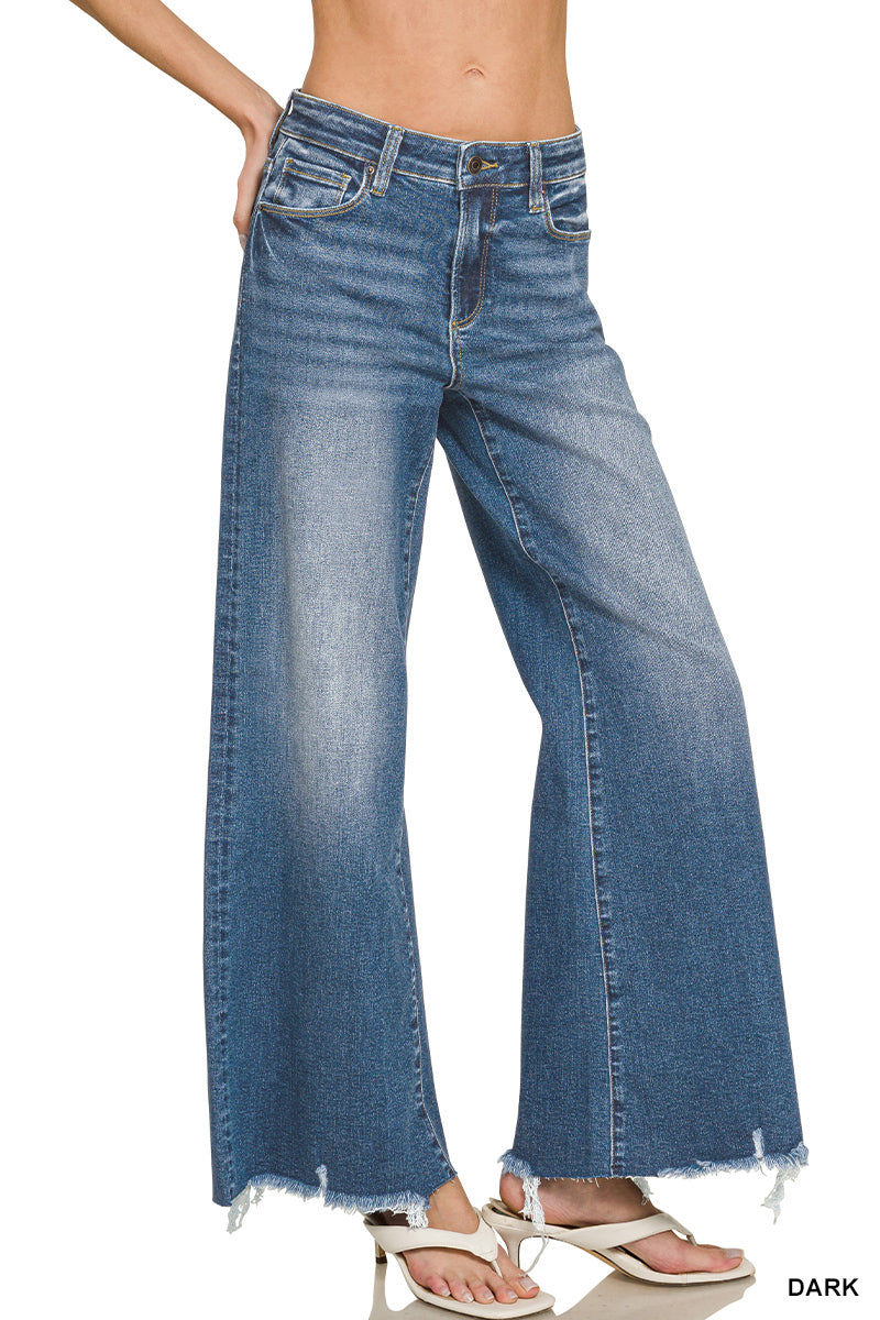 Zenana Distressed Raw Hem Wide Flare Jeans