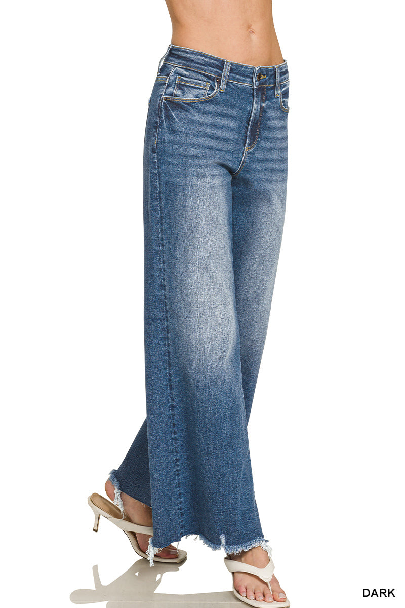 Zenana Distressed Raw Hem Wide Flare Jeans