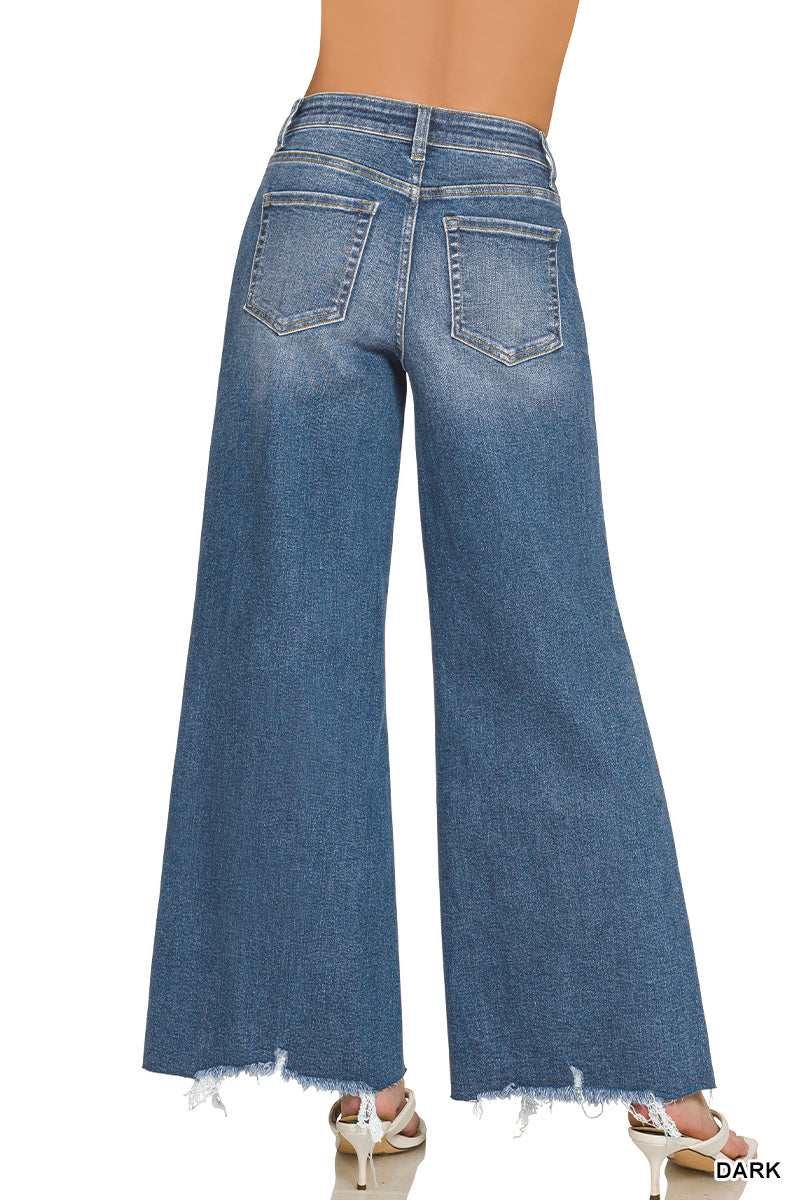 Zenana Distressed Raw Hem Wide Flare Jeans