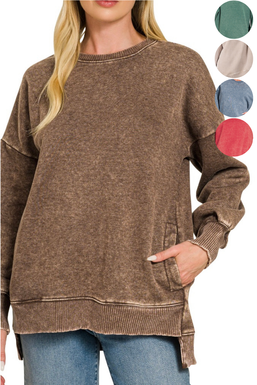 Zenana Acid Wash High/Low Pocket Sweatshirt