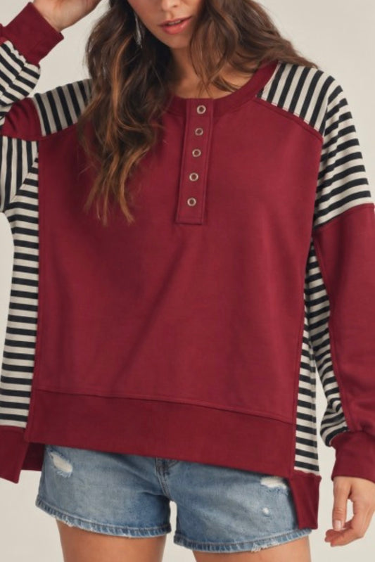 Burgundy Stripe Patch Stitch Henley Top