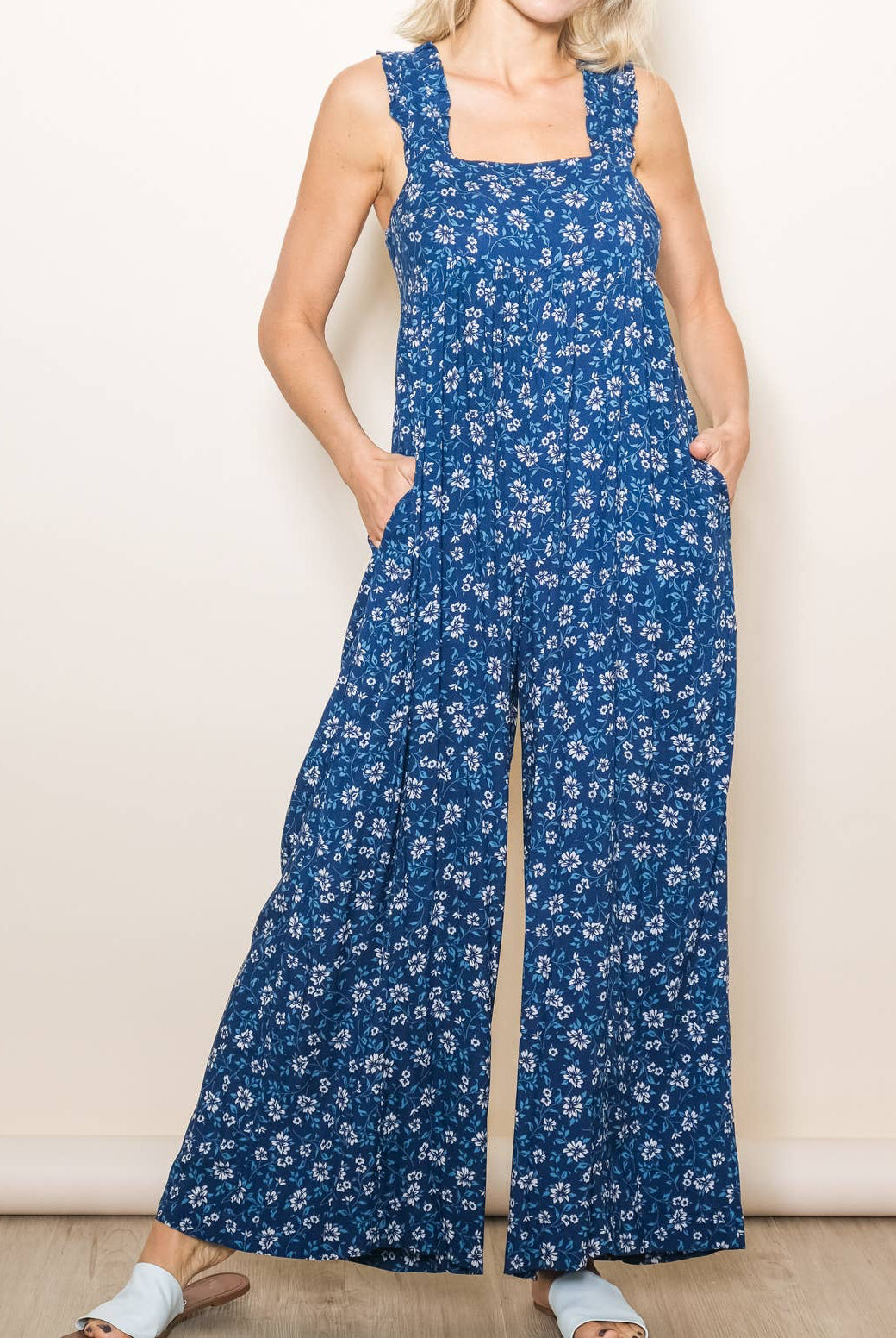 Blue Ruffle Strap Wide Leg Floral Print Jumper with Pockets