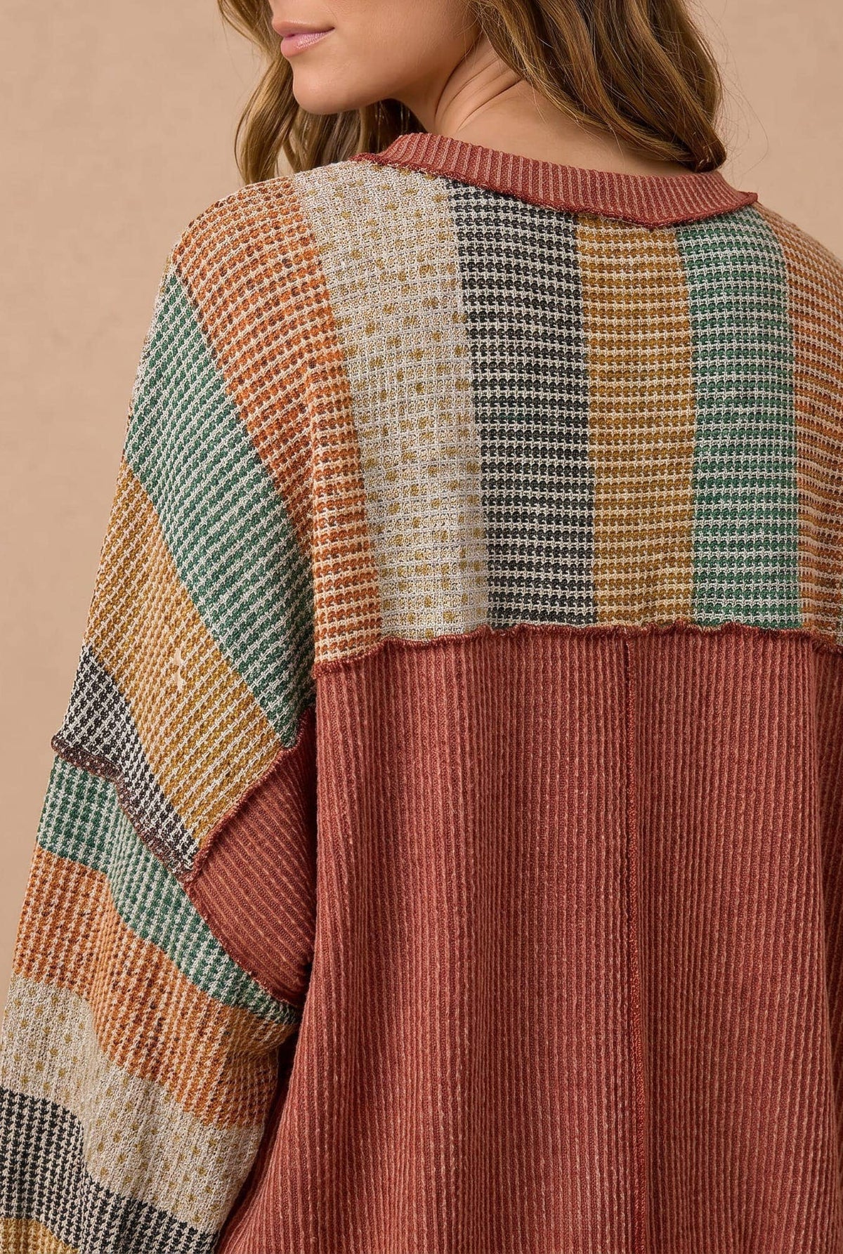 Stripe Waffle Wave Rib Banded Hem Pullover