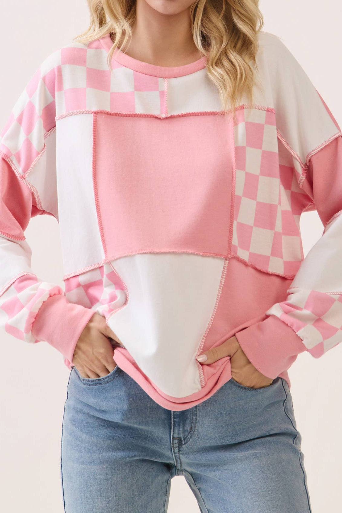 Pink Checkered Print Patchwork Pullover