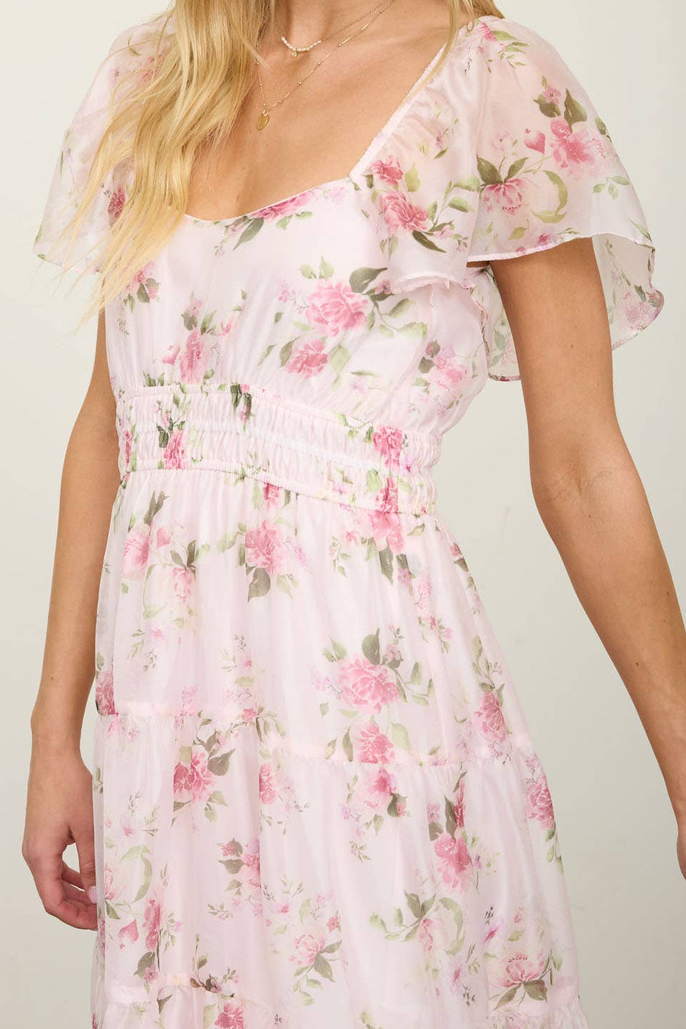 Floral Chiffon Flounce Sleeve Midi Dress