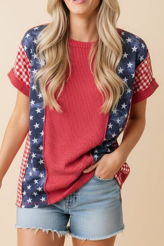Blue Stars and Gingham Raised Rib Top