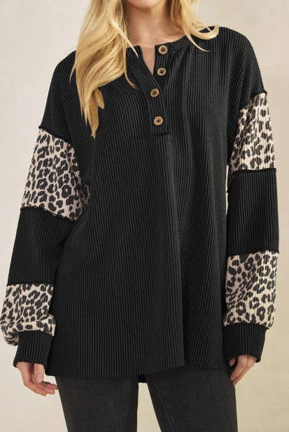 Black Ribbed Leopard Ringer Henley Tunic