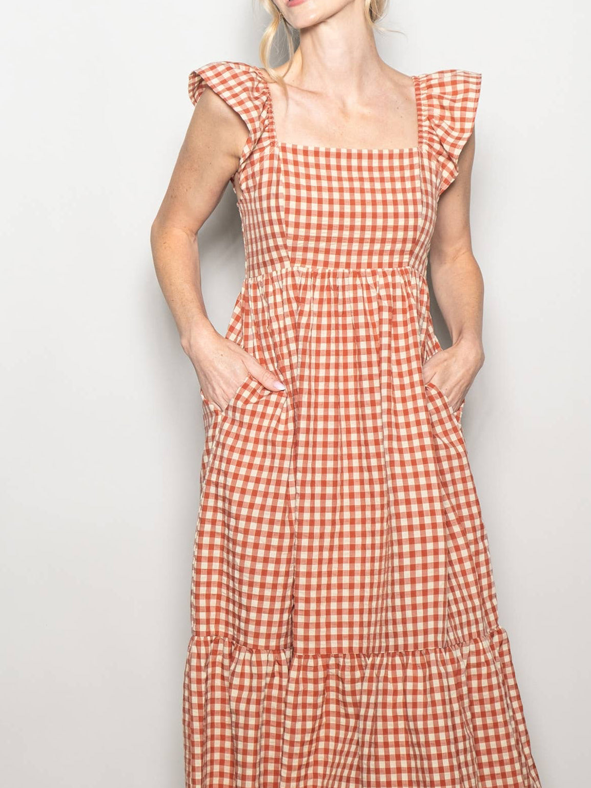Red Ruffled Flutter Sleeve Gingham Cotton Midi Dress w Pockets