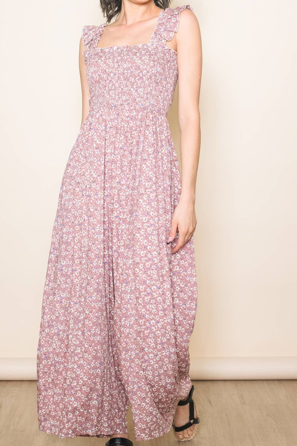 Pink Floral Ruffle Shoulder Smocked Wide Leg Jumpsuit