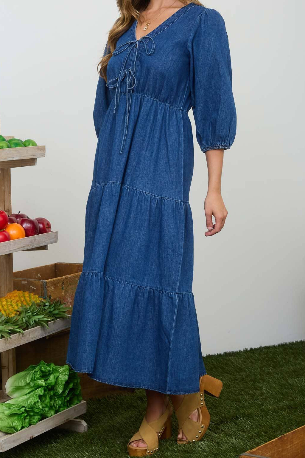 Front Tie 3/4 Sleeve Denim Midi Dress