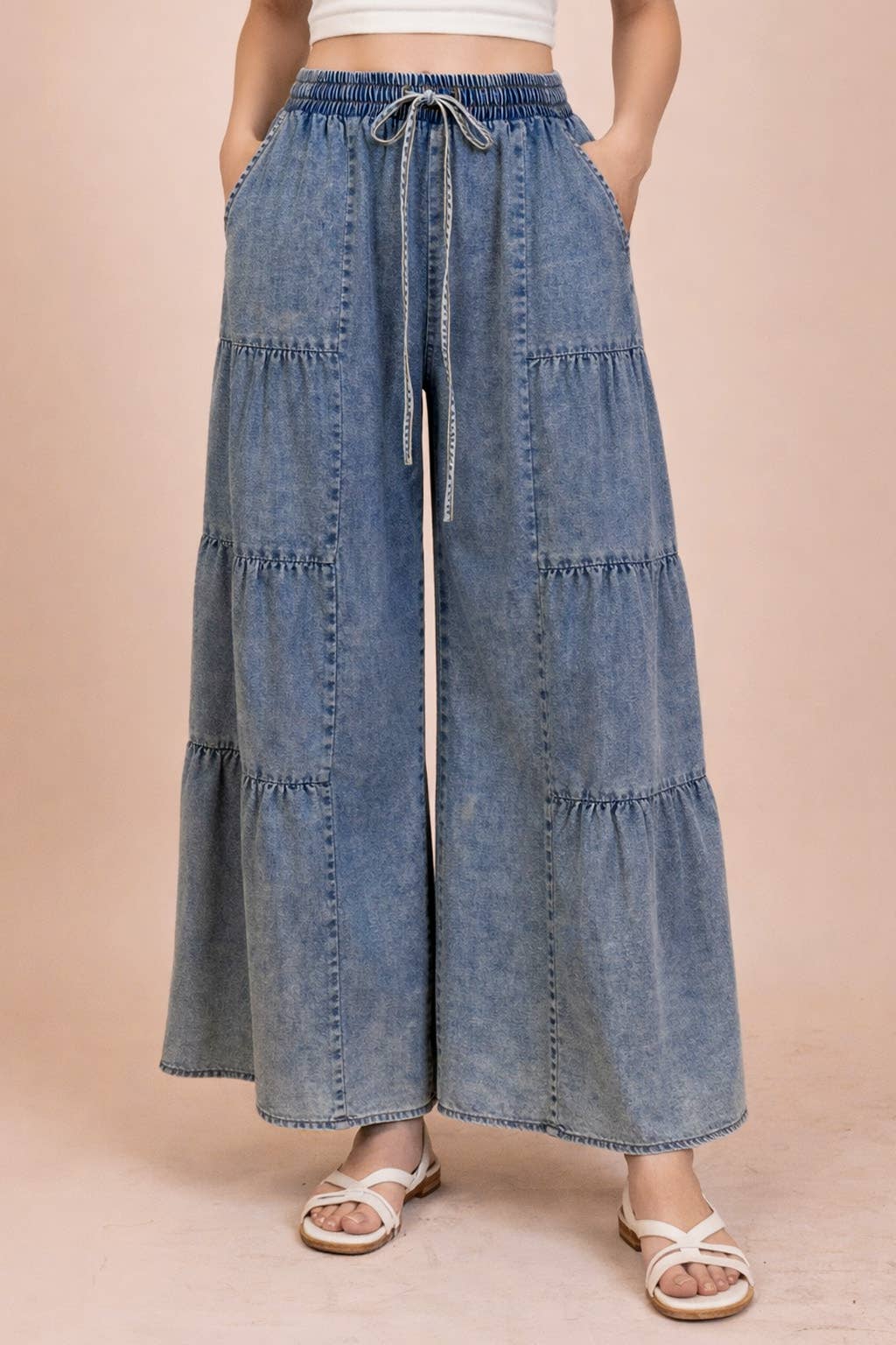 Tiered Layered Mineral Washed Chambray Pants