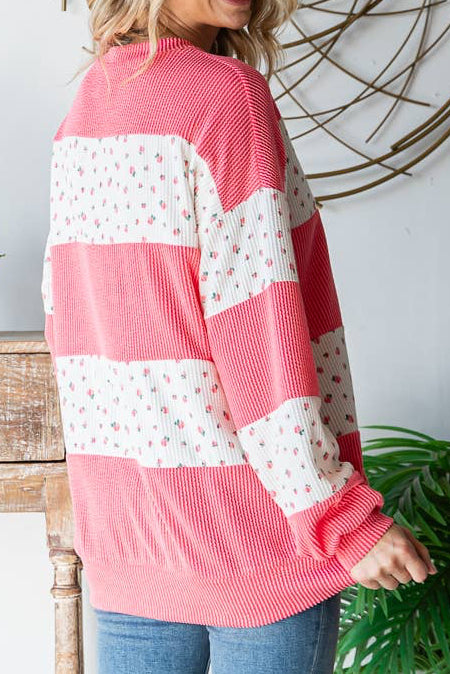 Floral Rib Drop Shoulder Pullover Long Sleeve Top