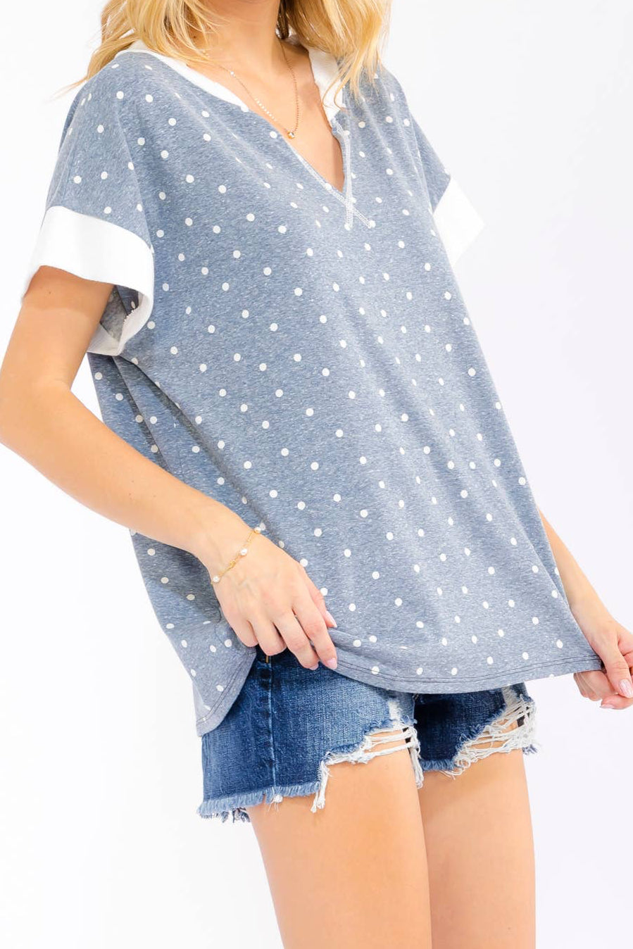 Vintage Navy Polka Dot Contrast Trim v Neck Top