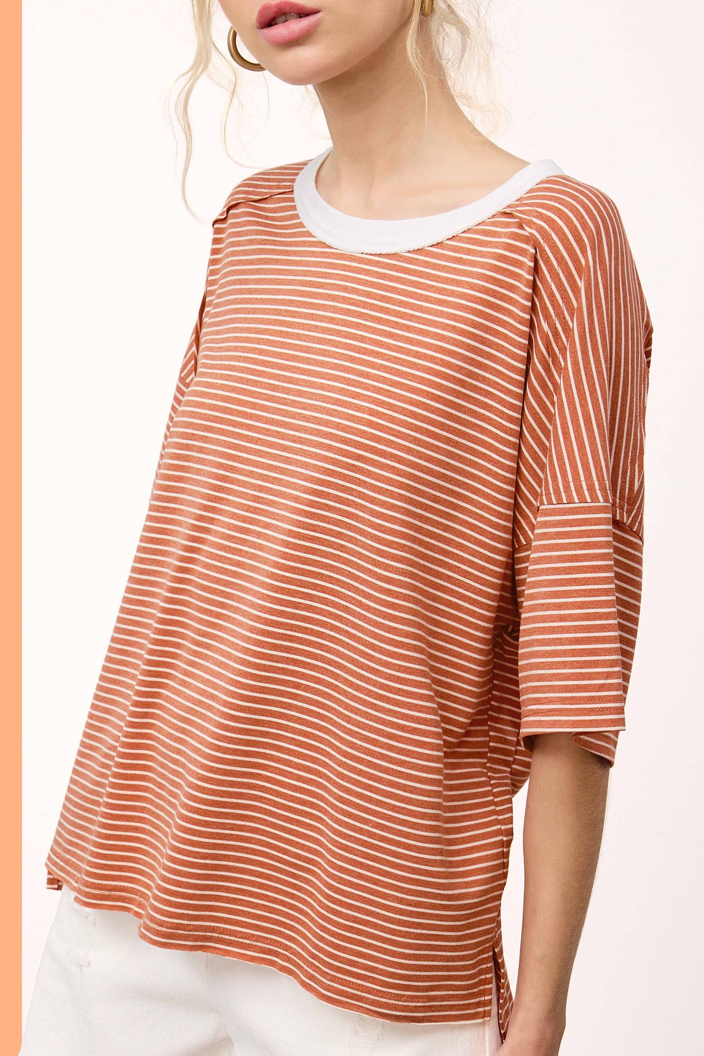 Basic Striped Drop Shoulder Short Sleeve Top