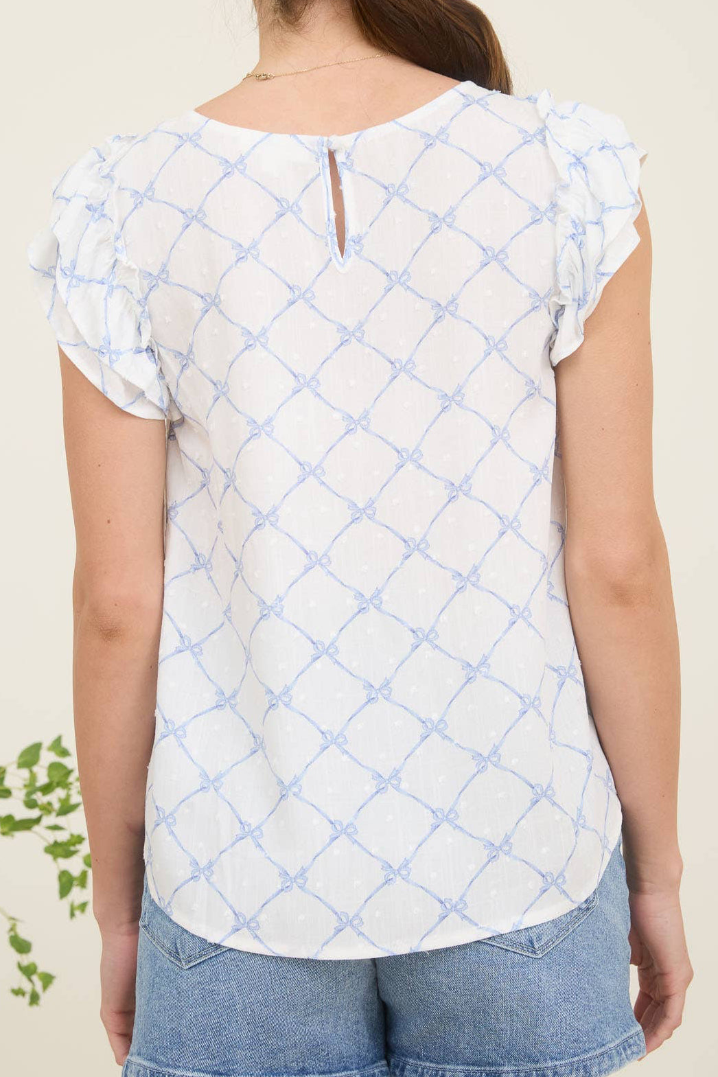 Blue Bow Clip Dot Lace Sleeve Top