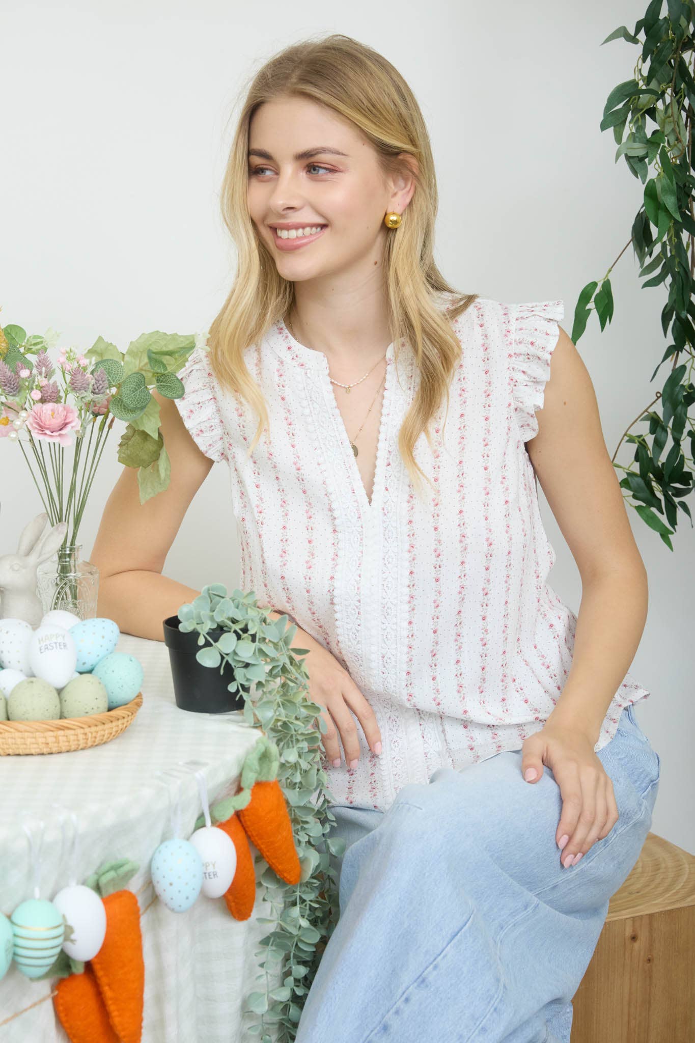 STRIPE FLORAL GARLAND PATTERN RUFFLE SLEEVE TOP