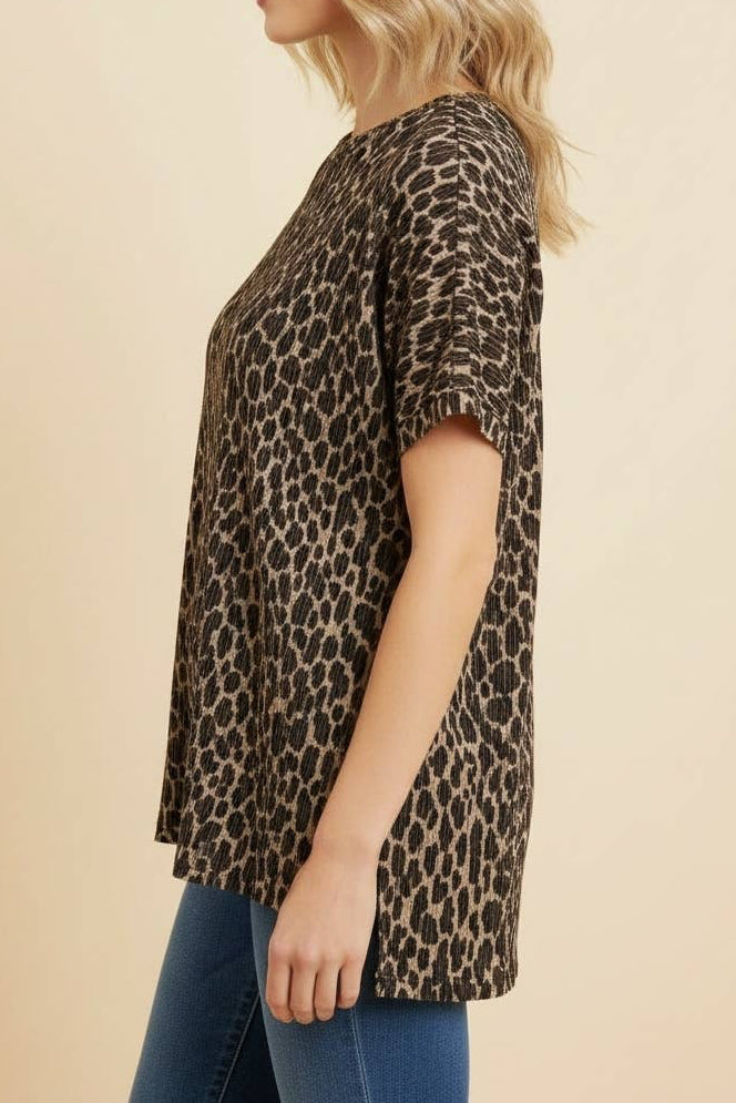 Leopard Raised Ribbed Oversized Top