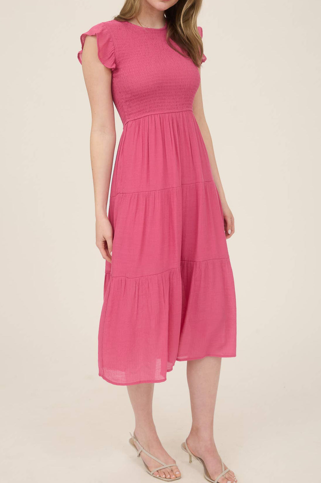 Pink Smocked Tiered Midi Dress