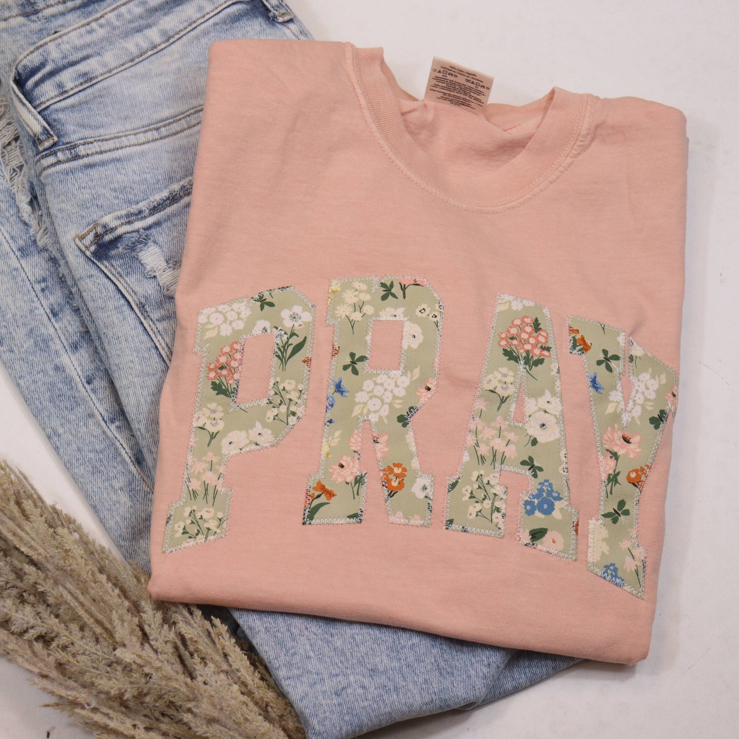 Peach Pray Short Sleeve Patchwork Tee
