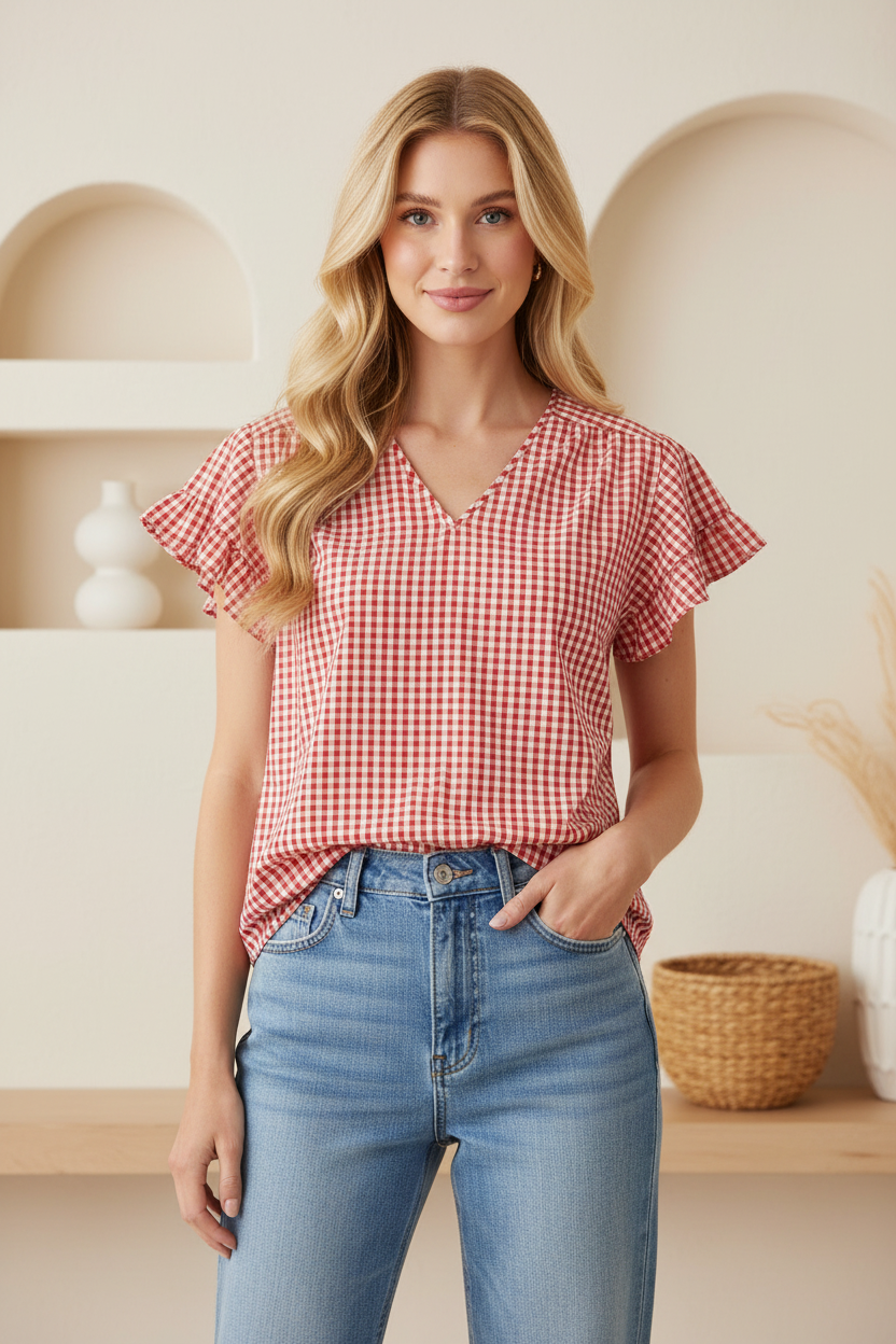 Red Gingham Ruffle Shorts Set