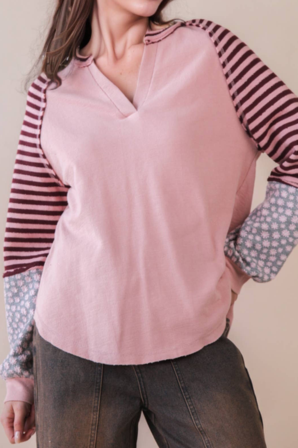 Oversized Floral & Stripe Casual Knit Top