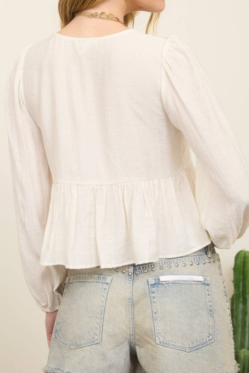 White Floral Eyelet Front Tie Long Sleeve Top