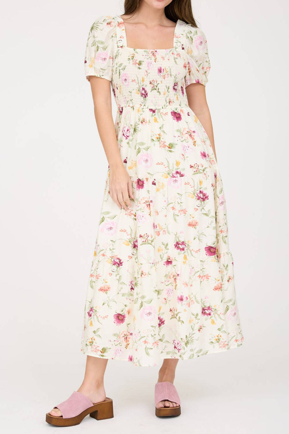 Cream Floral Smocked Midi Dress