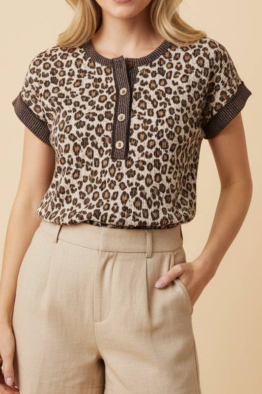 Leopard Ribbed Henley Shorts Set