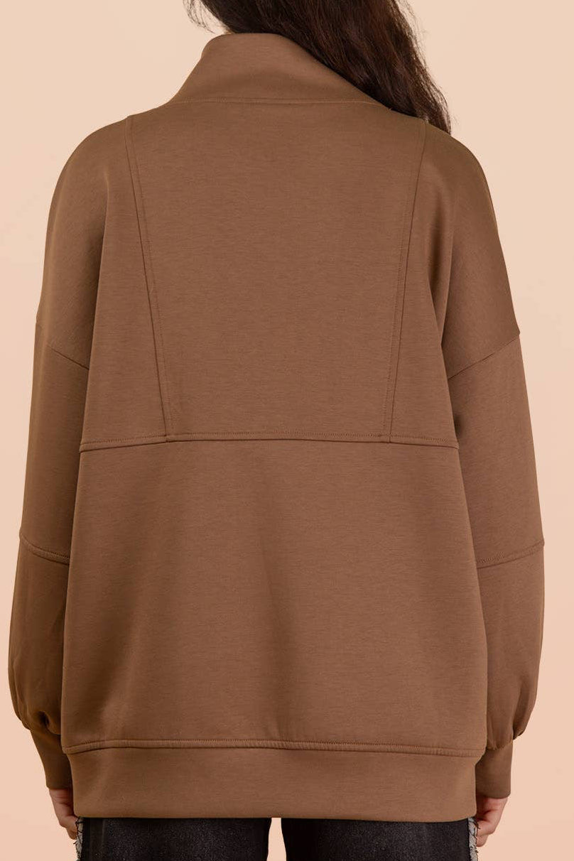 Mocha Half Zip UP Oversized Casual Comfy Knit Top
