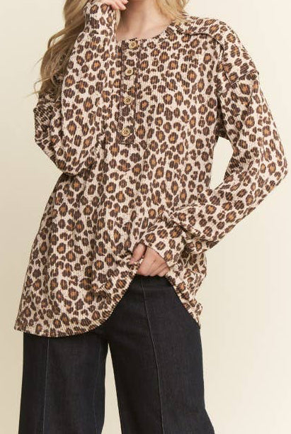 Leopard Ribbed Button Up Henley Top