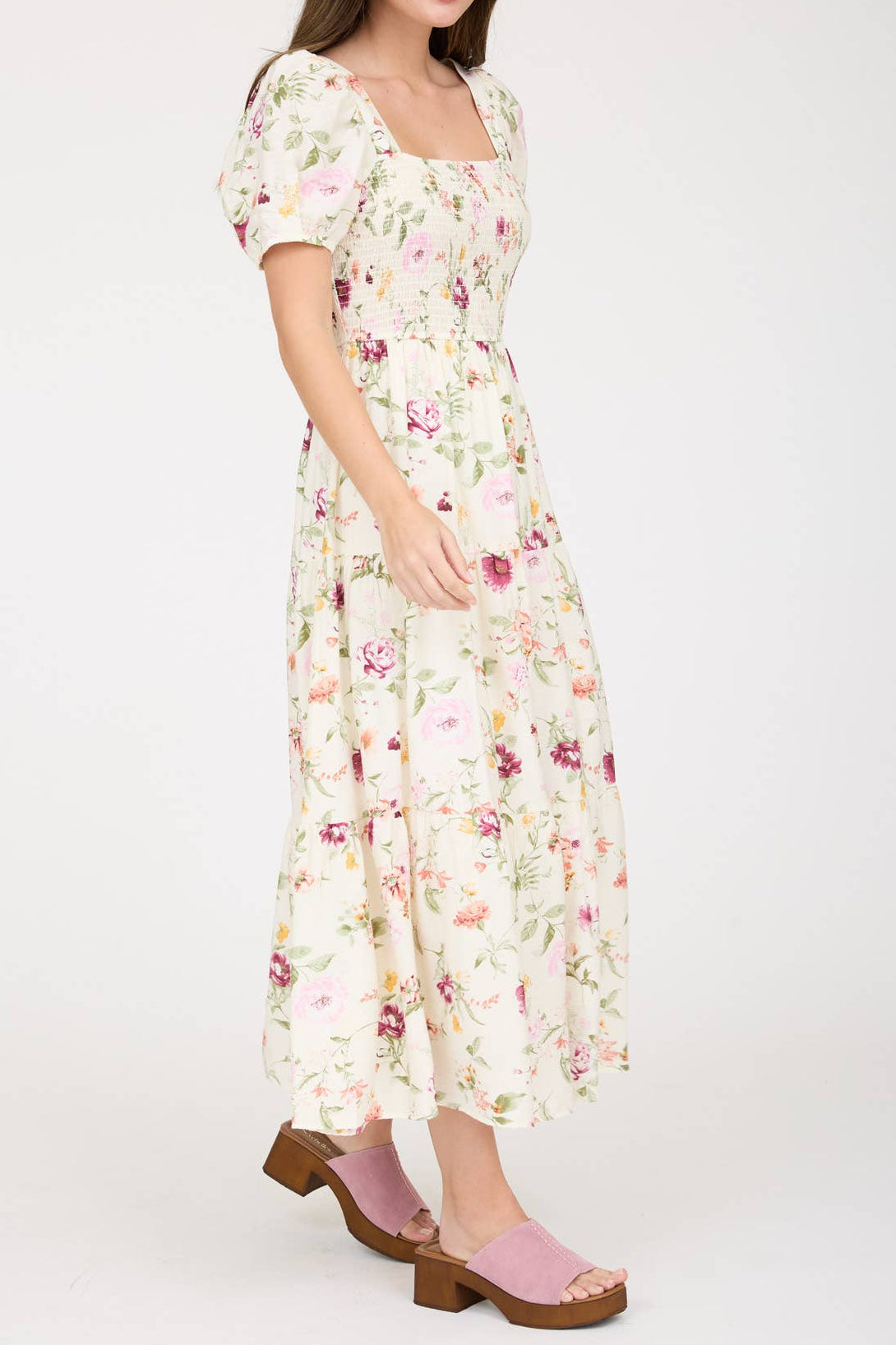 Cream Floral Smocked Midi Dress