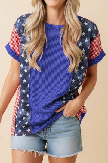 Royal Blue Star and Gingham,Raised Rib Top