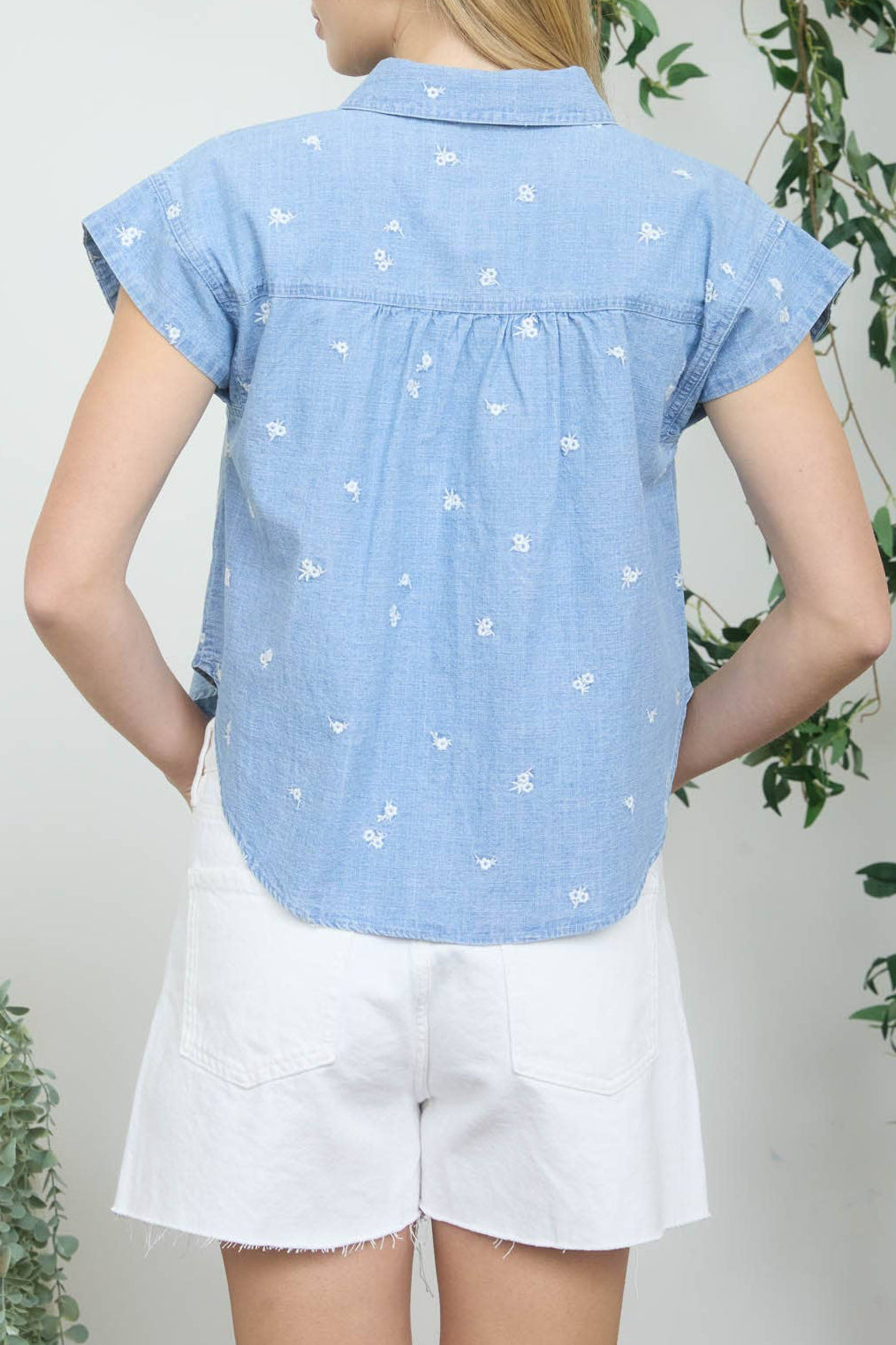 Embroidered Denim Chambray Button Down Top