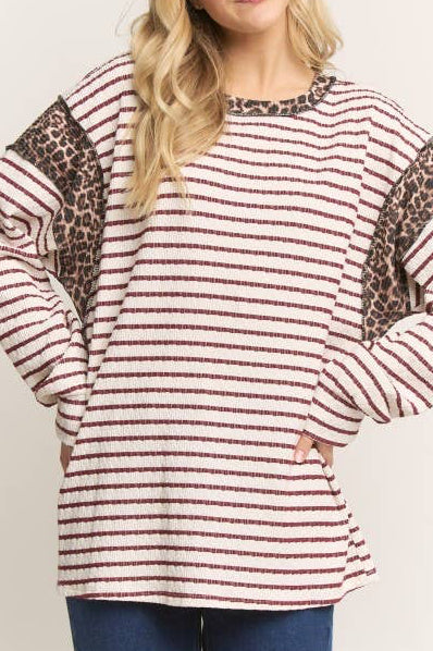 Long Sleeve Leopard Inset Stripe Top