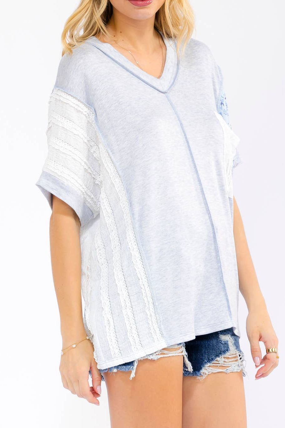 Color Block Patchwork Knit Top With Pocket T6346
