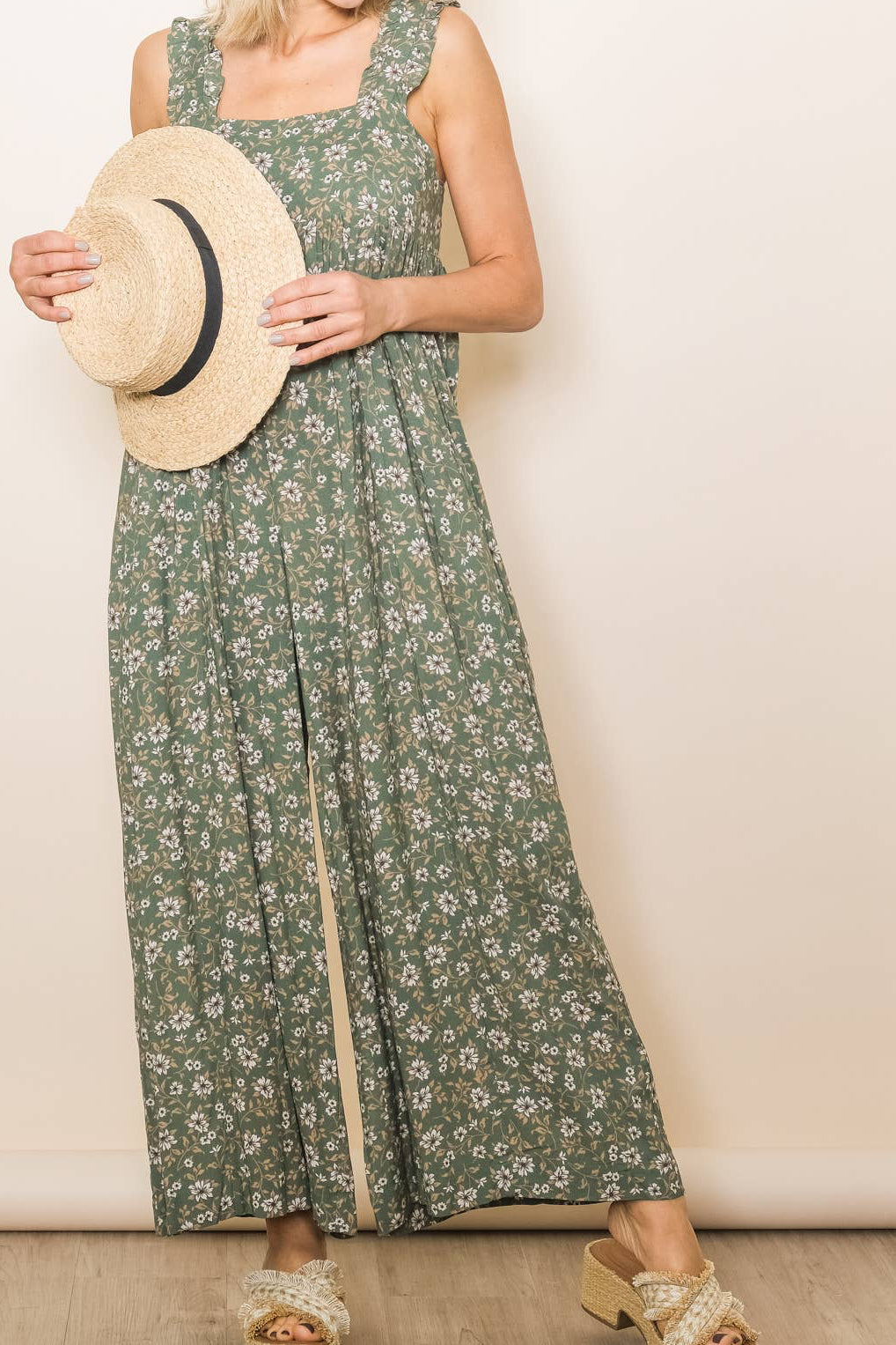 Ruffle Strap Wide Leg Floral Print Jumper with Pockets