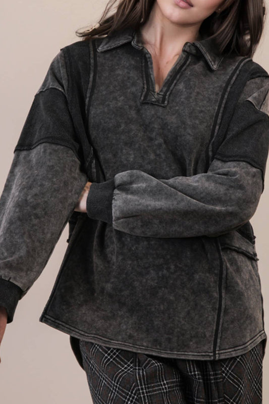 Black Mineral Washed Oversized French Terry Knit Top