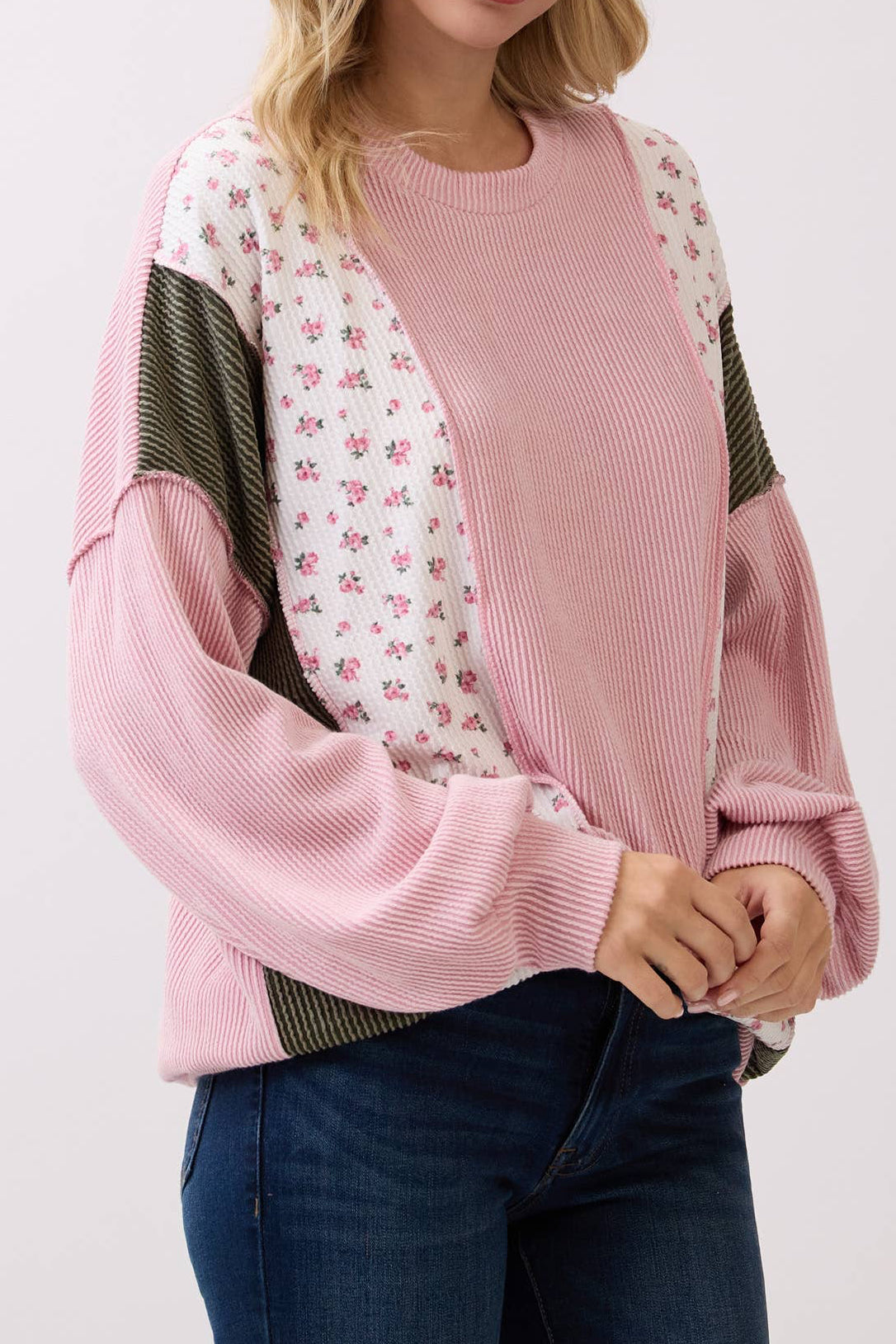 Rib Knit Floral Color Block Pullover Top