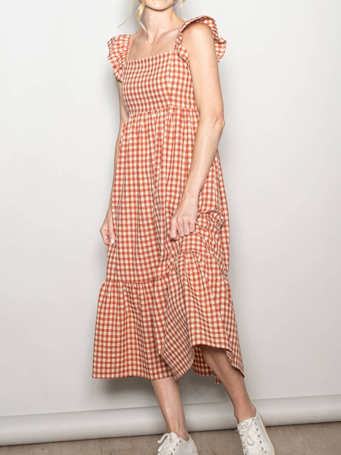 Red Ruffled Flutter Sleeve Gingham Cotton Midi Dress w Pockets