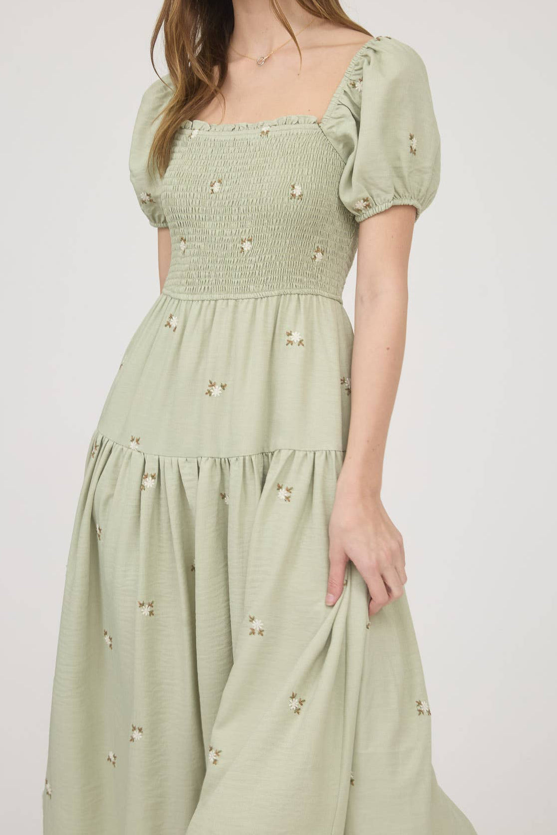 Sage Embroidered Floral Smocked Midi Dress