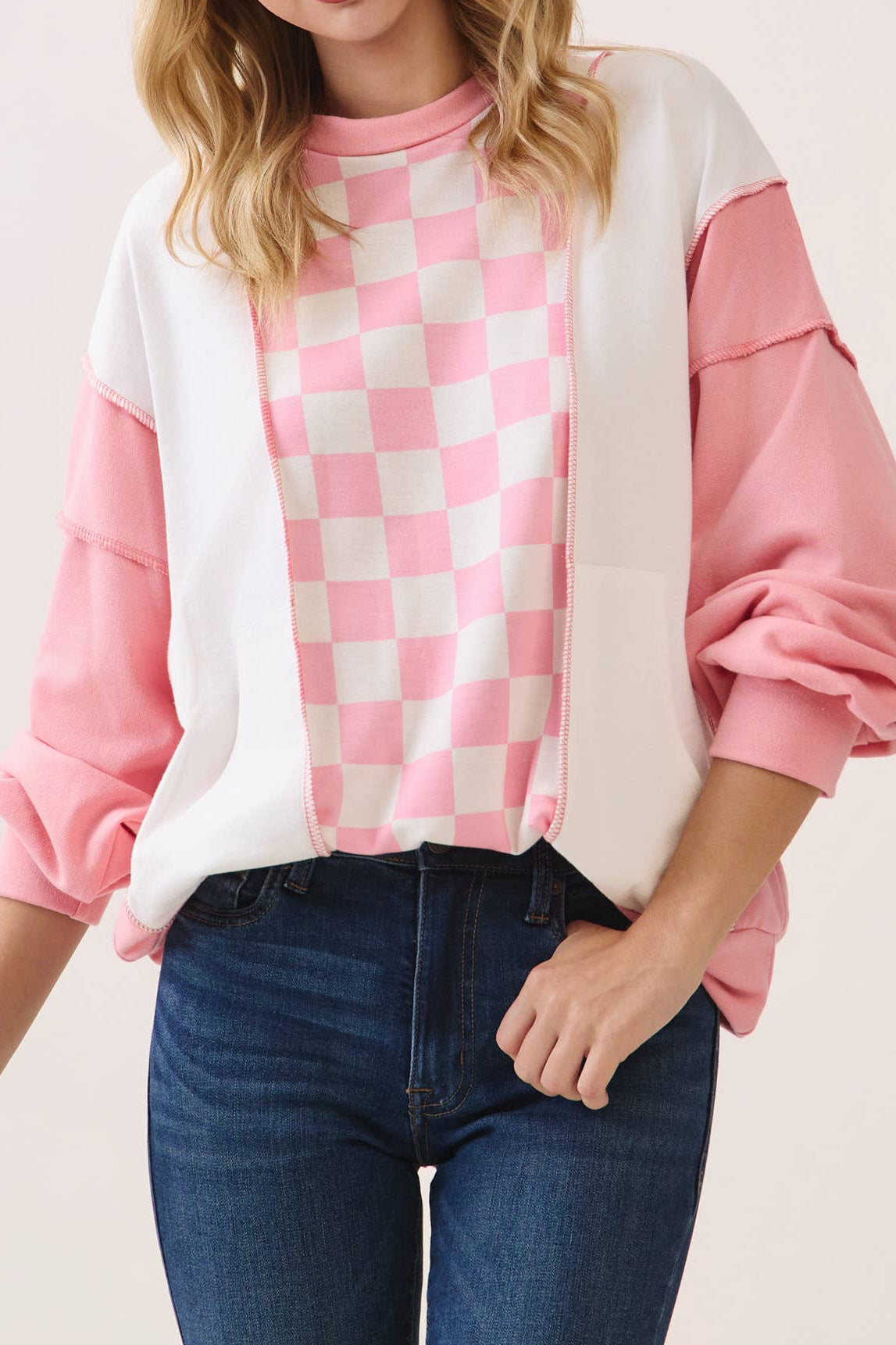 Checker Print Drop Shoulder Pullover Top