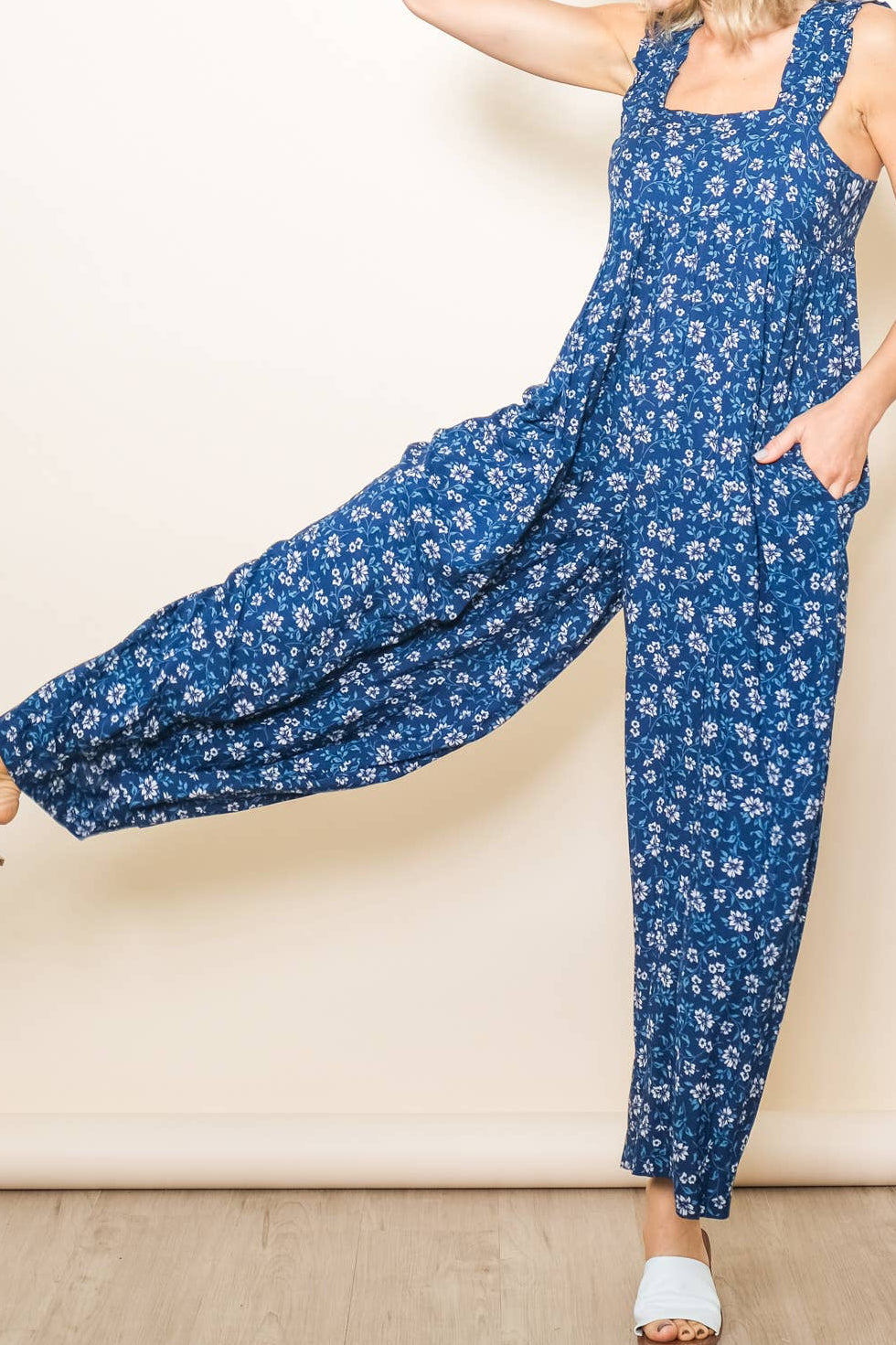 Blue Ruffle Strap Wide Leg Floral Print Jumper with Pockets
