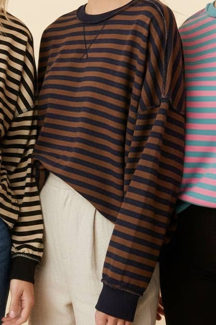 Navy Brown Striped Drop-Shoulder Pullover Sweatshirt