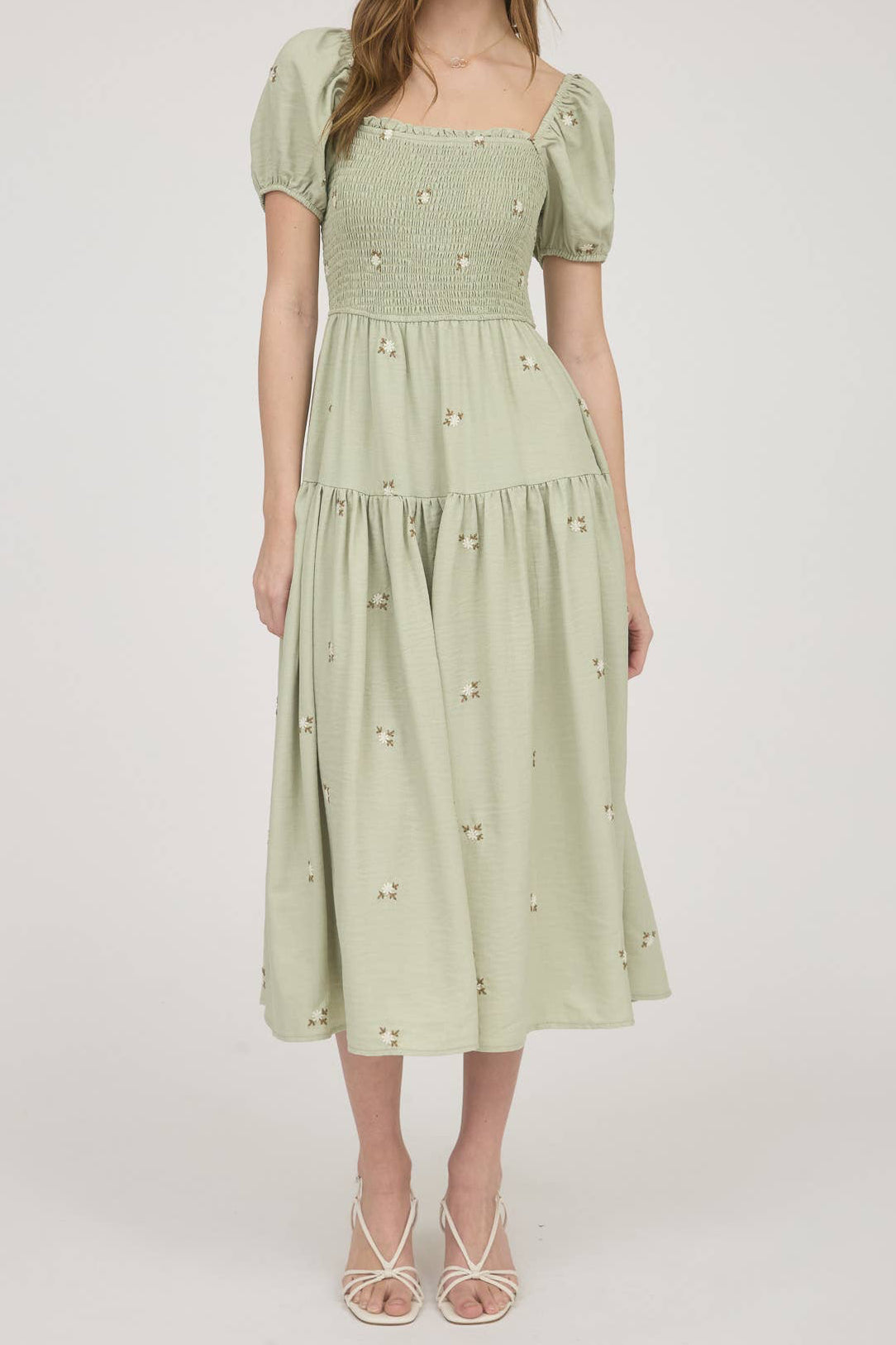 Sage Embroidered Floral Smocked Midi Dress