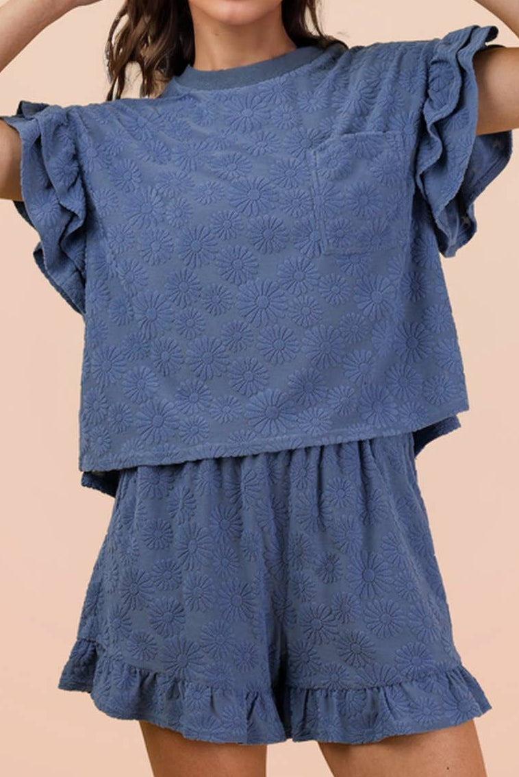 Floral Textured Ruffled Knit Top & Shorts Set