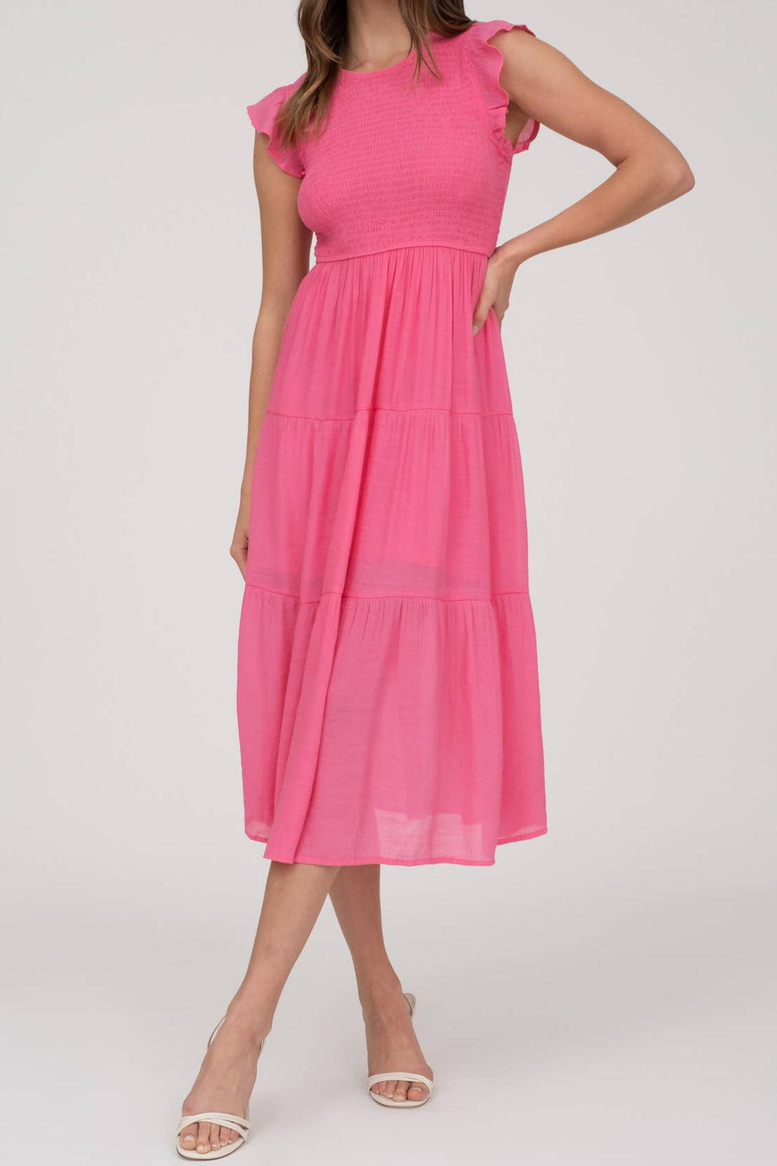 Pink Smocked Tiered Midi Dress